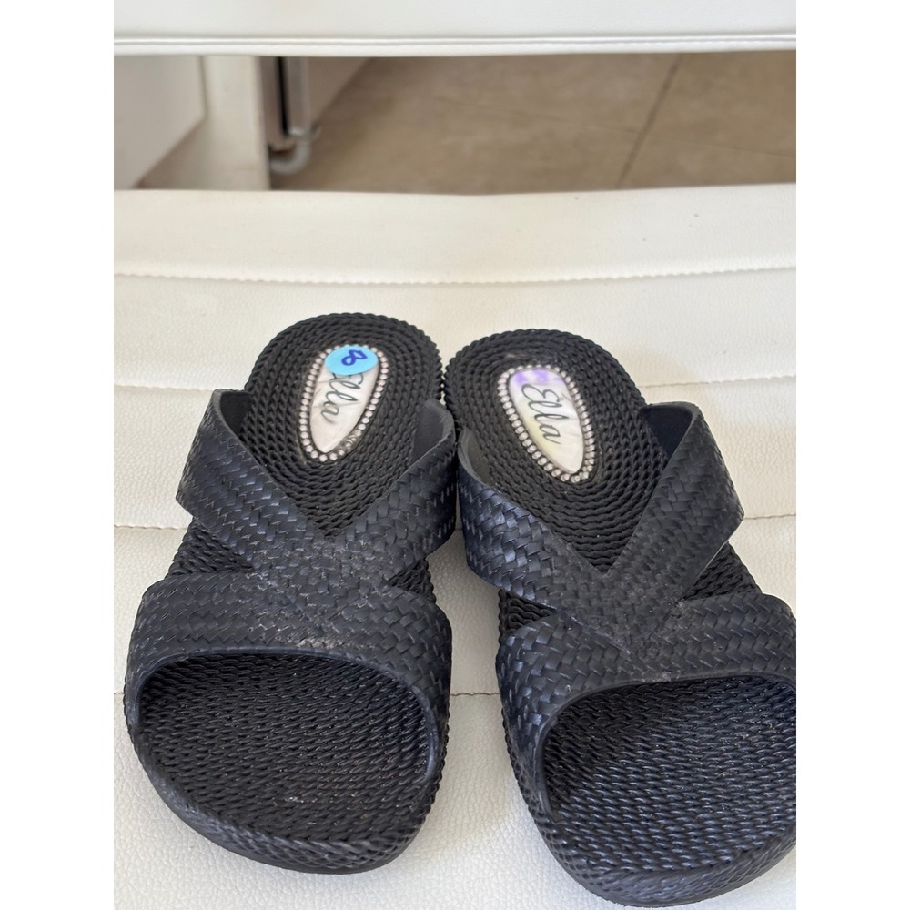 Ella Black Woven Textured Platform Slide Sandals Criss Cross Strap Size 7 - Picture 2 of 6